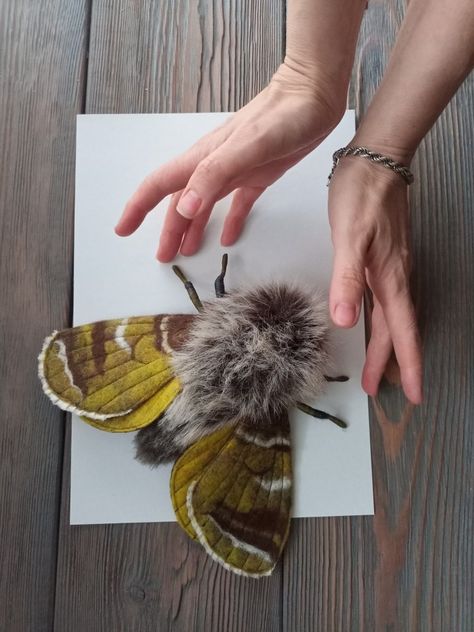 Moth made in a unique technique of felting wool and fabric. Interior decoration. Author Shalamanna. Fabric Moth Diy, Fabric Moth Pattern Free, Needle Felted Moth, Felted Moth, Felt Moth, Moth Craft, Fabric Moth, Moth Crochet, Moth Witch