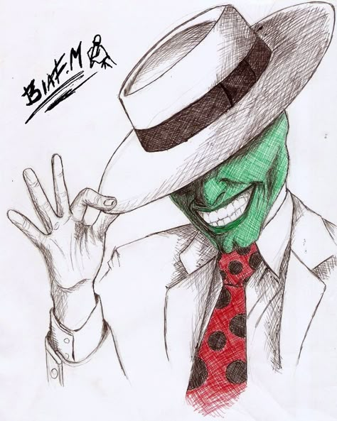 The Mask Drawing Jim Carrey, The Mask Drawing, Drawing Ideas Marvel, The Mask Cartoon, Mask Sketch, Mr Cartoon Tattoo, Paint Swatch Art, Sketches Book, Batman Art Drawing