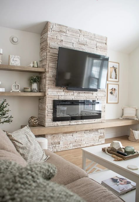 Stone Built In Fireplace, Diy Stone Fireplace Tv Wall, Built Ins Beside Stone Fireplace, Diy Electric Fireplace Stone, Electric Fireplace Buildout, Cozy Electric Fireplace, Fireplace Accent Wall With Tv, Fireplace Tv Wall Stone, Versetta Stone Fireplace