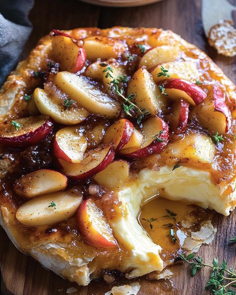 Baked Brie with Caramelized Apples Baked Brie Cheese, Brie Cheese Recipes, Baked Brie Appetizer, Baked Brie Recipes, Caramelized Apples, Brie Puff Pastry, Apple Pastry, Brie Appetizer, Gourmet Appetizers