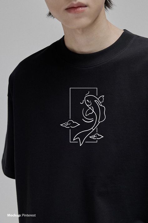 Japanese Tshirt Design, Black Men Summer Fashion, Black Street Fashion, Men's Tshirt Design, Minimalist Tshirt, Japanese Koi Fish, Simple Line Art, Clothes Embroidery, Clothes Embroidery Diy