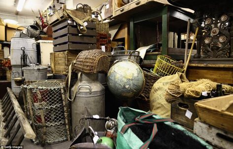 A globe is nestled among baskets, milk churns, bundles of ropes and crates - part of the huge collection of props that have serviced the Nat... Period Outfits, Backstage Theatre, Theatre Rehearsals, Period Dresses, Armour Medieval, Props Storage, Blithe Spirit, Theatre Props, Milk Churn