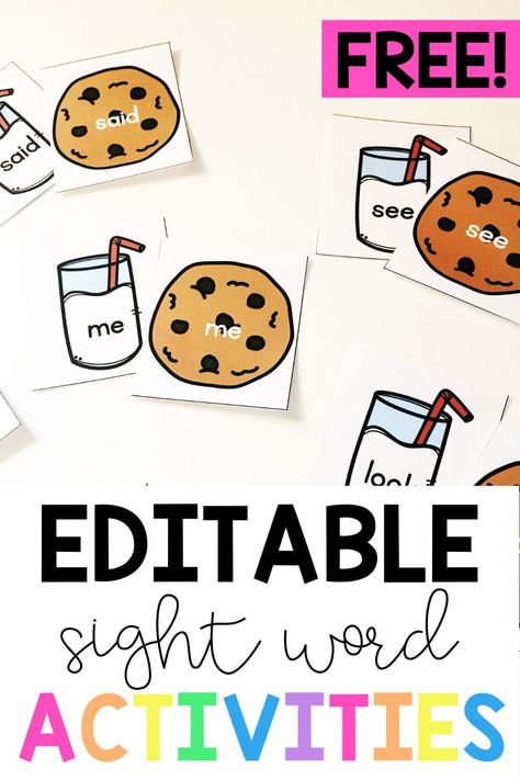 Looking for engaging sight word activities? These free sight word activities are editable- just type in your own sight words and go! Click the link to download for free now! Sight Word Bulletin Boards Kindergarten, Site Words Activities, Sight Word Small Group Activities, Prek Sight Word Activities, Sight Words Preschool Printables Free, Sight Word Centers Kindergarten, Sight Word Activities Pre K, Teaching Sight Words Kindergarten, Free Sight Word Activities