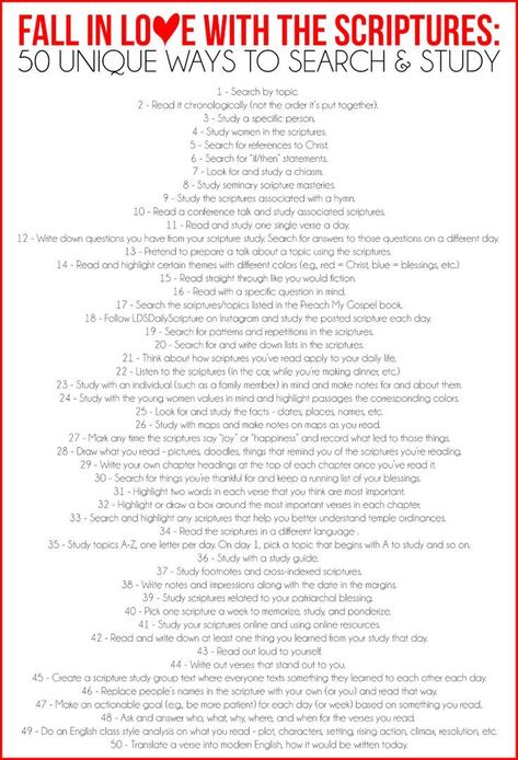 50 creative and unique scripture study ideas, perfect for adding to your collection of Bible Study Tools or for a handout for a young women lesson on scripture study! Or use it for relief society with a fall in love with the scriptures night. Jw Study Ideas, Scripture Study Ideas, Scripture Study Lds, Family Scripture, Lds Scriptures, Bible Study Help, To Be A Woman, Bible Study Methods, Womens Bible Study