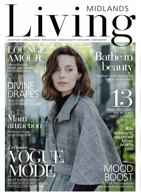 Jackie Maguire Midlands Living Magazine Front cover January 2020 #fashionfeature #coverphoto #frontcover #britishfashion #madeinengland #sustainablefashion #jackiemaguire_ #beltedcapecoat # Real Simple Magazine Covers, Fashion Magazine Front Cover, Interior Magazine Cover, Magazine Layout Design Cover, Magazine Front Cover Design, Lifestyle Magazine Cover, Magazine Front Page, Front Page Magazine, Belted Cape Coat