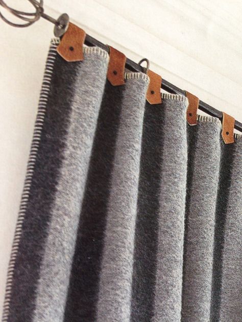 Leather tabs with worsted wool and blanket stitch draperies Wool Blanket Curtains, Stitch Curtains, Diy Van Interior, Leather Curtains, Cabin Curtains, Home Studio Ideas, Wave Curtains, Airstream Renovation, Cabin Bedroom