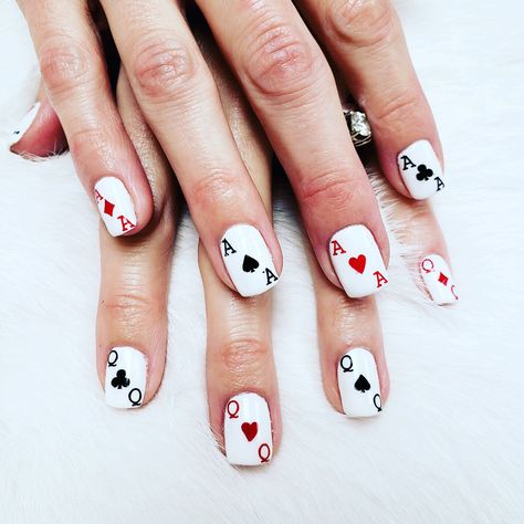 Ace Of Spades Nail Design, Poker Nails Design Las Vegas, Card Suit Nails, Playing Cards Nails, Card Nail Designs, Deck Of Cards Nails, Gambling Nails, Casino Theme Nails, Poker Nails Design