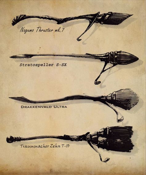 Racing brooms, Midhat Kapetanovic on ArtStation at https://www.artstation.com/artwork/dAmRW Flying Broom Concept Art, Broom Stick Harry Potter, Hp Broomstick, Hogwarts Legacy Brooms, Broomstick Aesthetic, Harry Potter Broomsticks, Broomstick Harry Potter, Broomstick Drawing, Broom Harry Potter