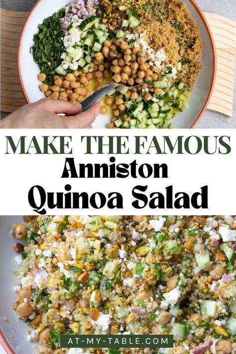 A colorful bowl of Jennifer Aniston’s quinoa salad, filled with fresh cucumbers, chickpeas, and herbs. Jennifer Aniston Quinoa Salad Recipe, Quinoa Salad Simple, No Cook Salad Recipes, Jennifer Aniston Salad With Quinoa, Jennifer Anniston’s Salad, Jennifer Aniston Quinoa Salad, Anniston Salad, Quinoa Salad Recipes Cold, Jennifer Aniston Salad Recipe