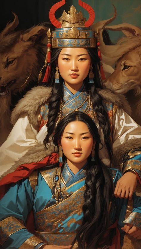 Mongolian Woman Art, Mongolian Fantasy Art, Mongolian Mythology, Genghis Khan Art, White Hair Character Design Female, Mongolian Queen, Mongolian Woman, Mongolia Art, Mongol Art