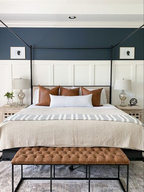 Bedroom Accent Wall With Shelf, White And Navy Bedding, Board And Batten Bedroom, Dining Room Teal, Lull Mattress, Leather Bedroom, Kids Rooms Inspo, Feature Wall Bedroom, Modern Farmhouse Bedroom