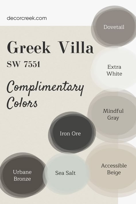 Complimentary Colors for Greek Villa SW 7551 Paint Color by Sherwin Williams Greek Villa Sherwin Williams Palette, Greek Villa Sw Exterior, Sherwin Williams Greek Villa Palette, Greek Villa Paint Palette, Sw 7551 Greek Villa, Timeless Home Exterior Colors, Evergreen Fog And Greek Villa, Iron Ore And Greek Villa, What Colors Go With Greek Villa