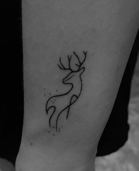 Harry Potter Tattoos Patronus Deer, Harry Potter Deer Tattoo, Patronus Tattoo Harry Potter, Harry Potter Line Art Tattoo, Harry Potter Fine Line Tattoo, Harry Potter Patronus Tattoo, Expecto Patronum Tattoo, Patronus Tattoo, Tattoo Harry Potter