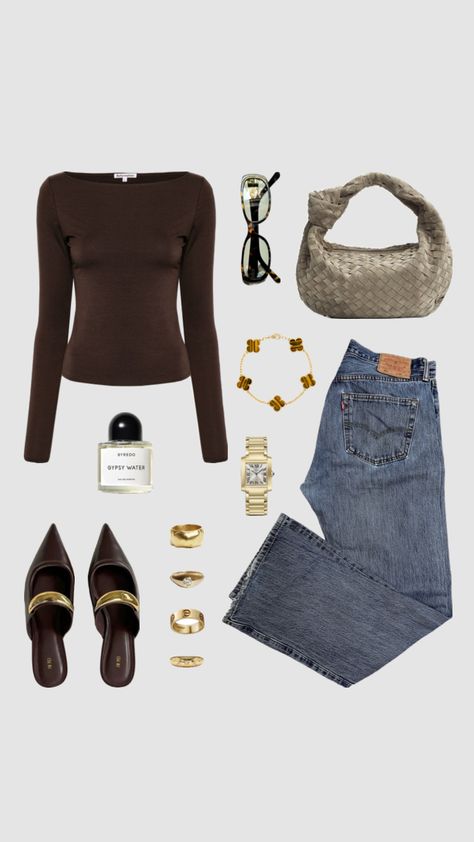 #bottegaveneta #brown #fall #autumn #jeans #sunglasses #coolgirl #classy #gold #chunkyjewellery #cartier #sade #vancleef #byredo #outfitinspo Winter Sade Aesthetic, Sade Style Outfits, Sade Girls Aesthetic Outfits, Autumn Jeans, Dressy Casual Outfits, Shoes Outfit Fashion, Brown Fall, City Outfits, Clothing Essentials