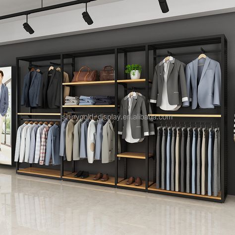 Shelf Design For Clothes, Men Clothes Shop Design Interior, Men Shop Design, Cloth Display Rack, Mens Cloth Shop Interior Design, Mens Store Design Interiors, Mens Clothing Shop Interior, Racks Design Display, Hanging Clothes Ideas