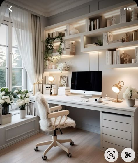 Feminine Home Offices, Home Office Cabinets, Cozy Home Office, Small Home Offices, Office Guest Room, White Desk, Office Room Decor, Dekorasi Kamar Tidur, Home Office Ideas