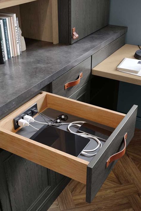 This drawer, with two 120V plugs and two USB ports, includes a non-slip mat and soft close hardware to take the best care of your digital life. Decora Cabinets, Docking Drawer, Kim House, Lake Kitchen, Gaming Room Ideas, Cabinet Pantry, Mediterranean Interior, Kitchen Tricks, Kitchen Cupboard Designs