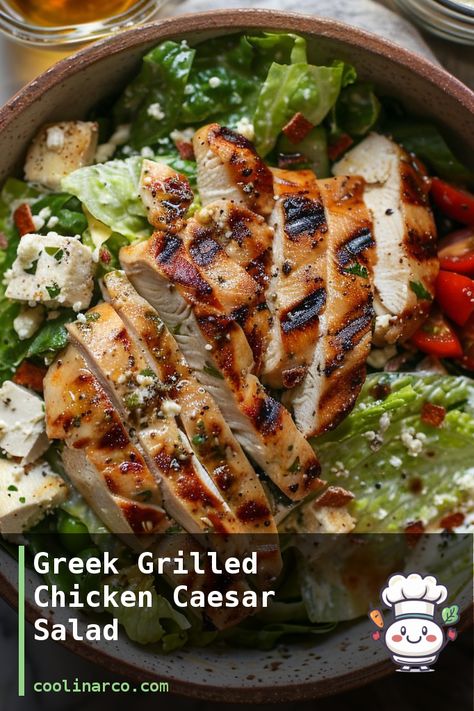 A delicious and flavorful Greek twist on the classic Caesar salad, topped with grilled chicken. Grilled Chicken For Caesar Salad, Grilled Chicken Caesar, Greek Grilled Chicken, Grilled Chicken Caesar Salad, Classic Caesar Salad, Italian Breakfast, Chicken Caesar, Chicken Caesar Salad, Romaine Lettuce Salad