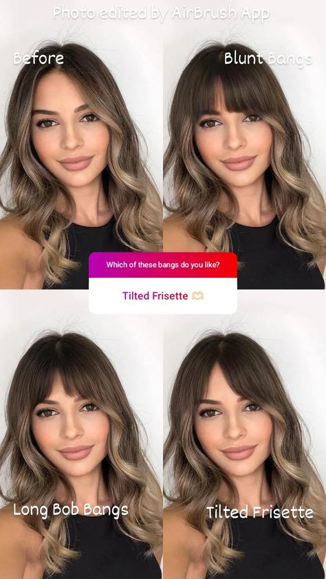 Hair Trends 2023 Haircuts Women Medium With Bangs, Bayalage On Short Hair, Balayage Hair With Fringe, Bangs 2023 Trends, Brunette Balayage Hair With Bangs, Bangs Balayage Hair, Brunette Beach Waves, 2023 Bangs, Whisky Bangs