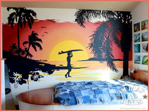 Surfing Sunset Wall Mural Decoration Surf, Beach Mural, Surf Room, Wall Murals Diy, Boy Rooms, Surf Decor, Large Mural, Bedroom Murals, Wall Murals Painted