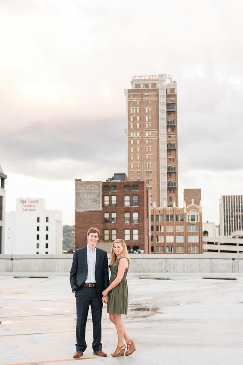 Downtown Birmingham Alabama Engagement Session. Eric & Jamie Photography Wedding Photographers. Parking deck rooftop cityscape city view. Dress and suit. What to wear for engagement session. Birmingham Photoshoot, Couple Outfits For Pictures, Alabama Photography, Birmingham Photography, Downtown Photoshoot, Rooftop Engagement, Rooftop Photoshoot, Alabama Travel, Princess Cruise Ships