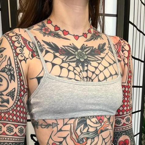 Alexander Perry on Instagram: "A bunch of work on @giulidavanzo" Flash Art Sleeve Tattoo, American Traditional Tattoos Chest Piece, American Traditional Back Piece Woman, American Trad Sleeve, Shoulder Tattoos Traditional, American Traditional Chest Tattoo Women, Large American Traditional Tattoo, Traditional Style Tattoo Sleeve, European Traditional Tattoo