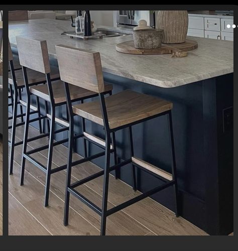 Modern Farmhouse Kitchen Island, Kitchen Bar Area, Island Bar Stools, Farmhouse Island, Black Counter Stools, Metal Counter Stools, Metal Counter, Farmhouse Chairs, Wood Counter Stools