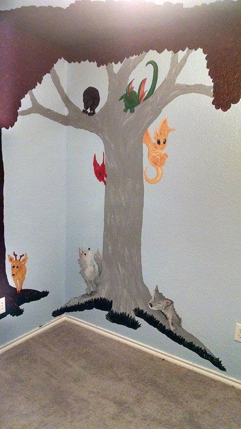 Game of Thrones Nursery Stag, Wolves, Dragons, 3 Eyed Raven, Weirwood Tree Game Of Thrones Nursery Ideas, Ginger Babies, Dragon Baby Shower, Dragon Nursery, Nursery Baby Room, House Of Dragons, Baby Time, Nursery Inspiration, Kids Playroom