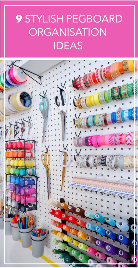 9 Stylish Pegboard Organisation Ideas - That's so Gemma Colourful Home Office, Colourful Office, Pegboard Craft Room, Craft Paint Storage, Craft Room Closet, Craft Room Organization Diy, Pegboard Organization, Home Office Decor Ideas, Craft Shed