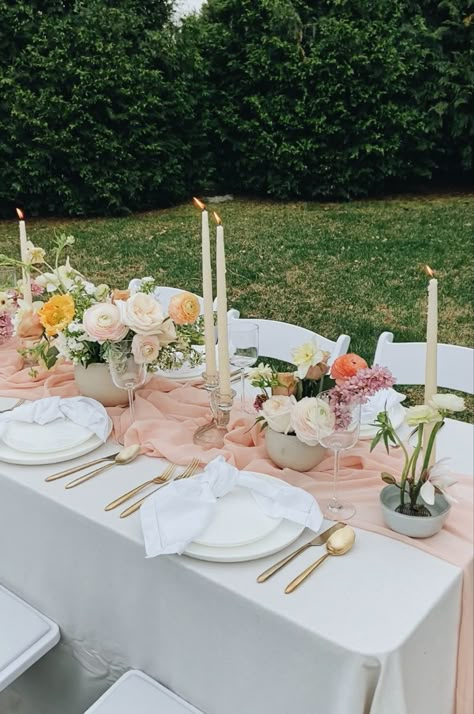 Dainty Table Setting, Simple Spring Wedding Tablescapes, White Yellow Pink Wedding Decor, Pink And Yellow Table Setting, Pink And Yellow Wedding Decorations, Bridal Shower Table Setting Simple, Floral Table Set Up, Pink And Yellow Wedding Theme Table Settings, Pink And Yellow Table Decor