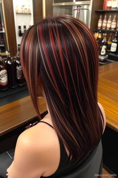 Red Hair Ideas With Highlights, Brown Red Highlights On Black Hair, Red Black And Blonde Hair Color Ideas, Red Brown Black Hair, Colored Hair Ideas For Brunettes, Red And Black Skunk Hair, Peek A Boo Highlights On Dark Hair, Fall Hair Color Ideas For Brunettes, Red And Brunette Hair