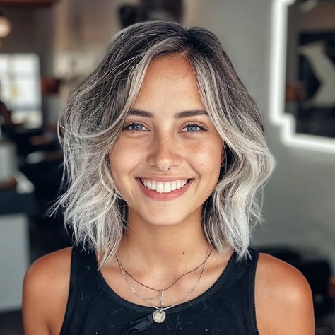 Shag Silver Hair, Medium Length Grey Hair Styles, Grey Ombre Bob, Grey Shaggy Bob Hairstyles, Ash Hair With Highlights, Dyed Silver Hair, Medium Silver Hair, Shoulder Length Silver Hair, Cool Gray Hair