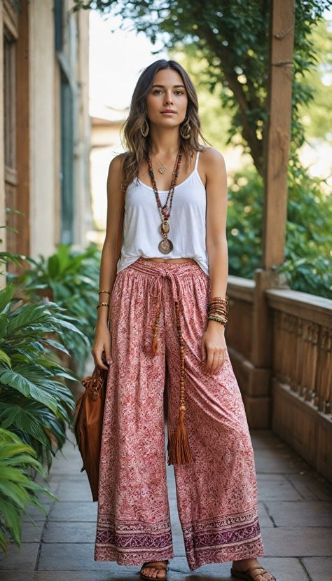 Boho Relaxed Outfit, Summer Boho Chic Outfits, Everyday Boho Outfits, Boho Style 2024, Summer Fashion 2024 Trends Casual, Boho Chic Summer Outfits, Boho Pants Outfit, Boho Yoga Outfit, Boho Travel Outfit