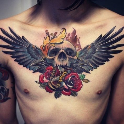 81 Alluring Wings Tattoo On Chest #skulltattoos #tattooideas Skull And Wings Tattoo, Wing Neck Tattoo, Wings Tattoo Meaning, Traditional Skull, Skull And Wings, Best Neck Tattoos, Tattoo Son, Colorful Tattoos, Wing Tattoo Designs