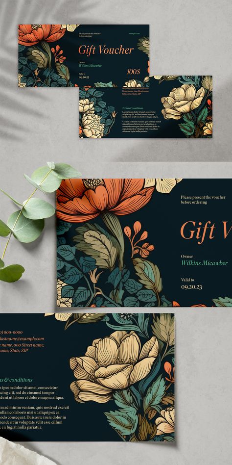 gift voucher, gift, voucher, card, template, coupon, flyer, floral, prepaid, discount, certificate, leaf, dark, luxury, hand-drawn, drawing, flower, artistic, creative, elegant, modern, sale, beauty salon, salon, nail, massage, photoshop, dl, generative ai, generative, ai, vintage, frame, decoration, illustration, retro, old, art, pattern Discount Voucher Design, Gift Certificate Ideas, Massage Voucher, Products Flyer, Gift Certificate Design, Product Catalog Design, Luxury Beauty Salon, Voucher Card, Salon Gift Card