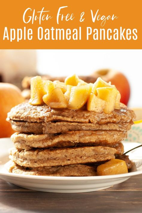 Homey and fragrant these spiced apple oatmeal pancakes are just what fall called for! Full of cinnamon, nutmeg, applesauce, maple syrup and ground oats these will make your home smell like a candle, and taste even better. If you really want to get an A+ from your family, top with sautéed cinnamon apples. Breakfast, brunch or even dinner, these pancakes will be a hit. They’re gluten free, dairy free, egg free, nut free and vegan. Breakfast recipe by: AllergyAwesomeness.com Apple Oatmeal Pancakes Healthy, Apple Oatmeal Pancakes, Gluten Free Apple Cinnamon Pancakes, Apple Pancakes Vegan, Apple Cinnamon Pancakes Healthy, Apples Breakfast, Oatmeal Apple Yogurt Pancakes, Baked Apple Pancake, Applesauce Pancakes