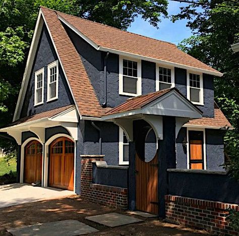 Dark Blue Shingle House, Red Shingles House Colors, Painted Stucco House, 1900 House Exterior, Blue House Brown Roof, Blue House With Red Roof, Blue Stucco House Exterior, Dark Blue Home Exterior, Brown Shingles House Colors