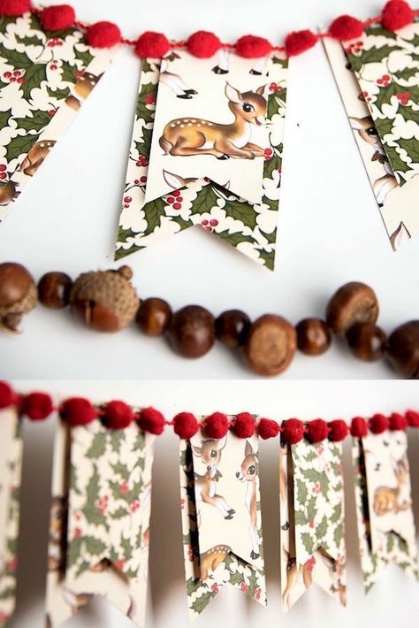 Diy Christmas Banner, Christmas Banner Diy, Retro Christmas Decorations, Vintage Christmas Crafts, Wrapping Paper Crafts, Banner Christmas, Christmas Bunting, Diy Event, Christmas Banner