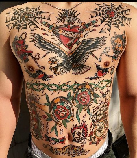 Traditional Tattoo Torso, Tatuajes Old School, American Style Tattoo, Traditional Chest Tattoo, Tattoo Sleeve Filler, Traditional Black Tattoo, Traditional Tattoo Inspiration, Torso Tattoos, Traditional Style Tattoo