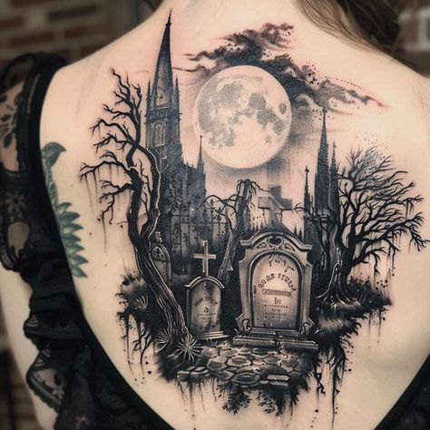 Gothic Tattoo Master Files Really Detailed Tattoos, Cauldron And Broom Tattoo, Gothic Mom Tattoo, Pumpkin Chest Tattoo, Negative Space Chest Tattoo, Gothic Tattoo Studio Decor, Cemetery Tattoo Ideas, Gothic Witchy Tattoos, Goth Unicorn Tattoo