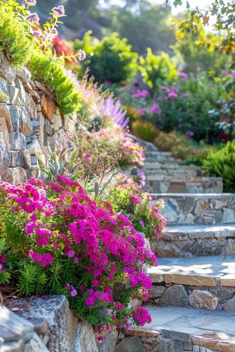 Budget Hillside Landscaping Ideas for Your Slope Steps On Hillside Sloped Yard, Hilly Garden, Landscaping Hill, Hillside Landscaping Ideas, Sloped Front Yard, Landscaping A Slope, Landscaping Ideas On A Budget, Sloped Yard, Hillside Garden