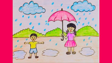 Rainy Day Drawing For Kids, Draw Rainy Day, Rainy Drawing, Rainy Season Drawing, Summer Season Drawing, Drawing Rain, Rainy Day Drawing, Draw Scenery, Easy Scenery