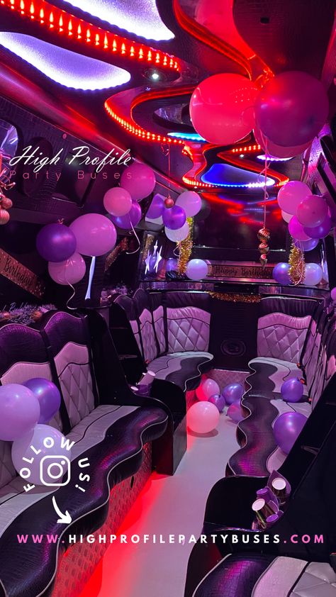 Lilac and white decorated party bus ready for the occasion #LondonPartyBus #Mercedes #party #partybus #Travelinstyle #Privatehire #luxuryrtravel #celebrate #share #together #family #memories #live #life #birthday #hendo #nightout #partyideas #postlockdown Limo Decoration Ideas, 40th Birthday Party Bus Ideas, Party Bus Sweet 16, Sweet 16 Limo Party Ideas, Lit Birthday Party Ideas, Party Bus Ideas Birthday, Party Bus Birthday Ideas, Party Bus Decorations Birthday, Party Bus Themes For Adults