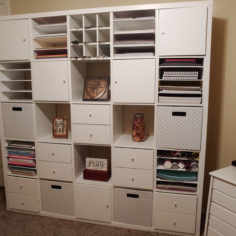 AVID BIBLE JOURNALER: BUILDING A CRAFT / HOBBY ROOM - IKEA KALLAX 5X5 Cube Storage. I bought the cabinet doors, the drawers, and the 9 cube insert from Ikea.com. The horizontal dividers, I bought from https://thesteadyhandshop.com/ - I had to paint them, as they come tan. The fabric cubes (white with gray polka dots) was purchased at Target.com: 13" Fabric Cube Storage Bin Gray Polka Dot - Threshold™ Cube Storage Office Organization, Cube Storage Drawers, Drawers For Cube Storage, Ikea Kallax 5x5 Ideas, Cube Storage Craft Room, Kallax 5x5 Ideas, Kallax Wall, Kallax 5x5, Craft Room Ikea