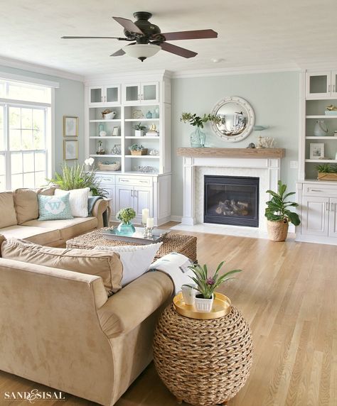 Coastal Familyroom and Fireplace Makeover Cozy Coastal Living Room, Coastal Family Rooms, Coastal Decorating Living Room, Beach Living Room, Coastal Living Rooms, Coastal Bedrooms, Coastal Living Room, Fireplace Makeover, Farmhouse Decor Living Room