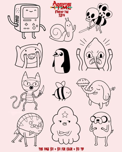 Friday the 13th flash drop! I decided to do Adventure Time themed flash this time for no other reason than I just really love Adventure Time, & I hope some of you do too! The larger color designs will be $131, the smaller designs will be $31 + $31 if you want to add color + $13 tip. I will be doing walk ins only this Friday from noon to 7pm at @tattootemple_houston • #fridaythe13th #fridaythe13thtattoo #fridaythe13thtattoos #fridaythe13thtattooflash #adventuretime #adventuretimetattoo #adven... Tree Trunks Tattoo Adventure Time, Adventure Time Tattoo Flash, Tattoo Stencils Dragon, Simple Adventure Time Tattoos, Flower Tattoos Big, Adventure Time Characters All, Small Adventure Time Tattoo, Princess Bubblegum Tattoo, Adventure Time Flash Tattoo