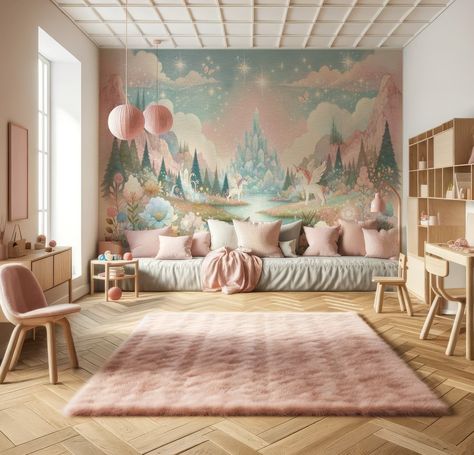 Wallpapers Kids Room, Kids Bedroom Wall Painting Ideas, Girl Kids Bedroom, Weird Decor, Unicorn Wallpapers, Wallpaper Childrens Room, Land Wallpaper, Unicorn Land, Wallpaper For Kids Room