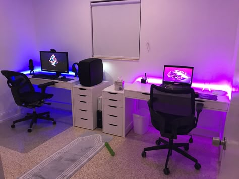 His and hers office. All white with LED accent color His And Her Computer Room, Husband And Wife Gaming Room, Bf And Gf Gaming Setup, His Her Game Room, Couples Gaming Room Setup Minimalist, Gaming Setup For Couples, 2 Person Gaming Room, Gaming Room 2 People, Dual Gaming Setup Couple