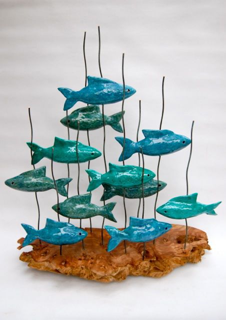 'Copperweed Creek Crew' by Urpu Sellar. Handcrafted ceramic sculpture. £445 info@whitehousegallery.com 01557 330223 Clay Fish, Sculptures Céramiques, Driftwood Sculpture, Fish Sculpture, Ceramic Fish, Blue Fish, Ceramic Gifts, Driftwood Art, Handcrafted Ceramics