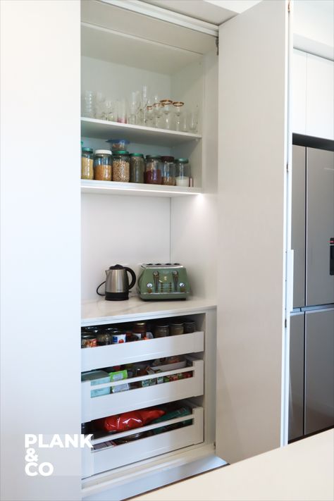 Hidden Pantry with Drawers with Bi-Fold Doors Bifold Doors Kitchen Pantry, Hidden Door To Pantry, Folding Pantry Doors, Bifold Pantry Doors, Bifold Pantry, Pantry With Drawers, Kitchen Pantry Doors, Breakfast Station, Pantry Layout